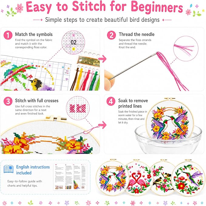 Zhenqing Cross Stitch Kit for Beginners 4 Pack Bird Floral Embroidery Kit 11CT - Image 7
