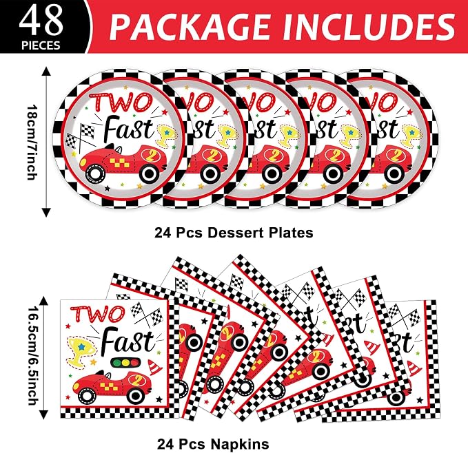 48Pcs Two Fast Plates and Napkins Two Years Old Birthday Party Decorations set - Image 2