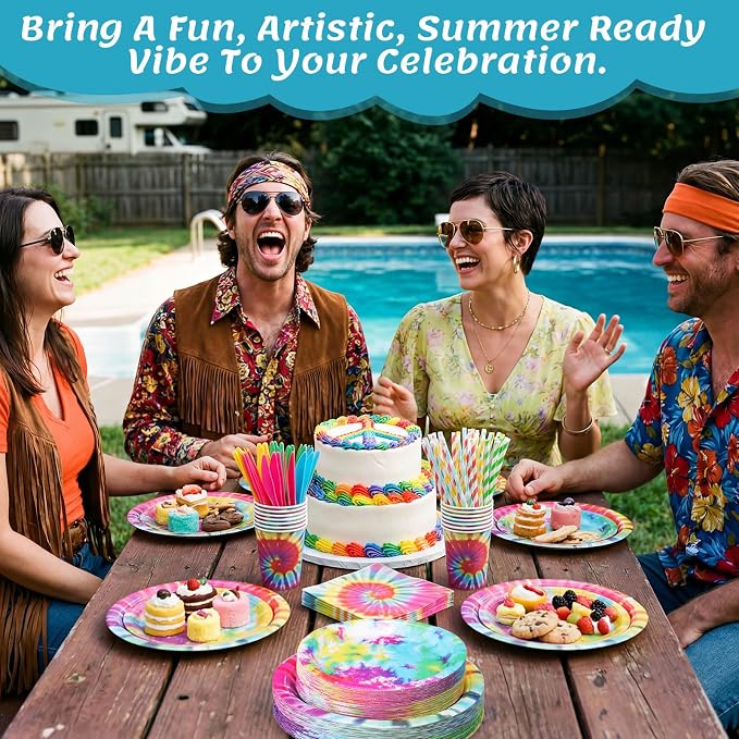 450 Pcs Tie Dye Party Tableware Set Decorations Rainbow Birthday Paper Plates - Image 4