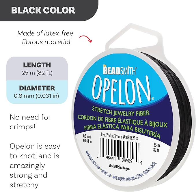 The Beadsmith Opelon Stretch Cord – Elastic Beading Fiber, Black, 0.8 mm Diameter, 25 Meters (82 ft) Spool