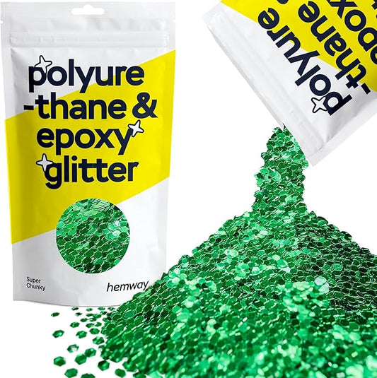 Hemway Polyurethane & Epoxy Resin Glitter 100g / 3.5oz Metallic Crystal Flake Additive for Flooring Jewelry Tumblers Glass Pigment - Super Chunky (1/8" 0.125" 3mm) - Emerald Green