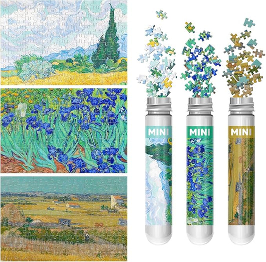 150 Pieces Mini Jigsaw Puzzles for Adults & Kids, 6" x 4" Small Jigsaw Puzzles Capsule Tube Jigsaw Puzzles Intelligent Game, Wheat Field with Cypresses Irises The Harvest (Wheatfields) 3 Pack