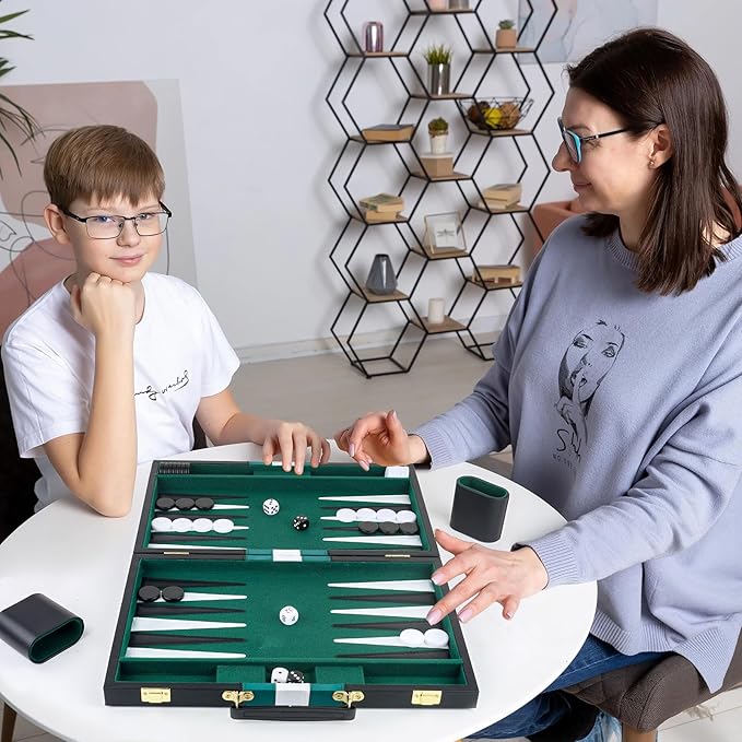 Backgammon Set 2 Players Classic Backgammon Sets for Adults Board Game with Black PU Leather Case Portable and Travel Backgammon Set (Green, 15inch)