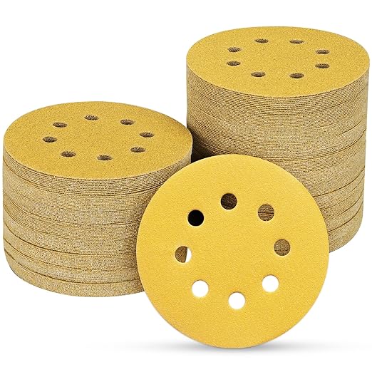 100PCS 5 Inch 8 Hole Sanding Discs 220 Grit,Gold Round Hook and Loop Sandpaper for Random Orbital Sander