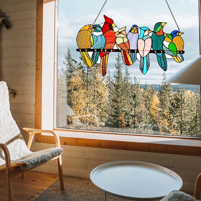 Stained Glass Birds Window Hangings, 9 Multicolor Stained Glass Birds on Branch - Image 7
