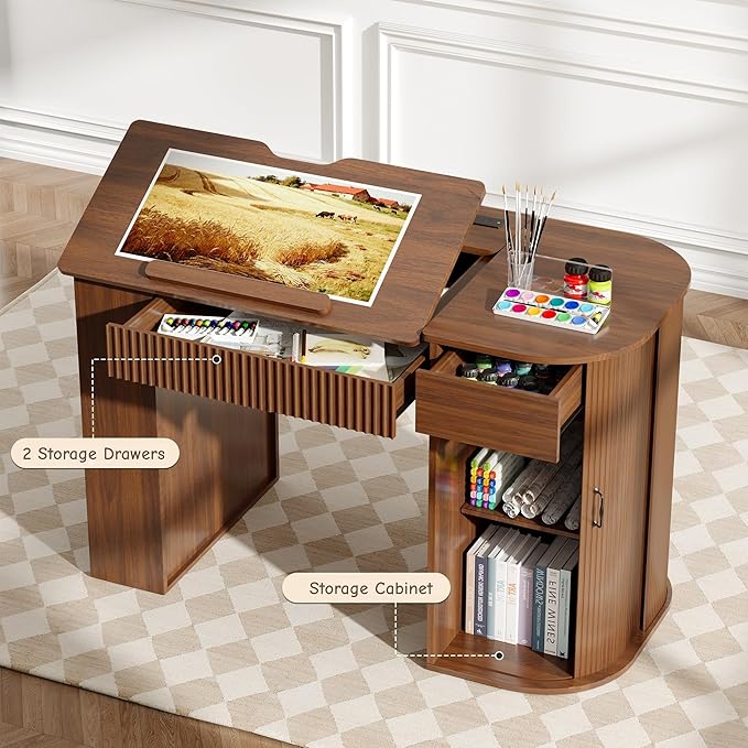 Drafting Table with Storage Cabinet & Drawers, Adjustable Drawing Table with - Image 3