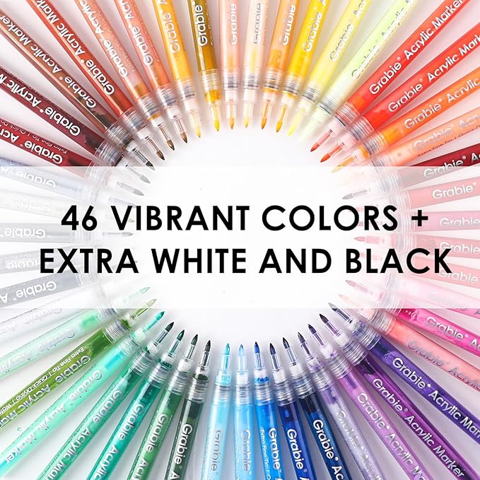 Grabie Acrylic Paint Pens Markers, 48 Colors, 0.7 mm, Extra Fine Tip Drawing Markers, Premium Paint Pens for Painting on Various Surface, Art Supplies, Set of 48