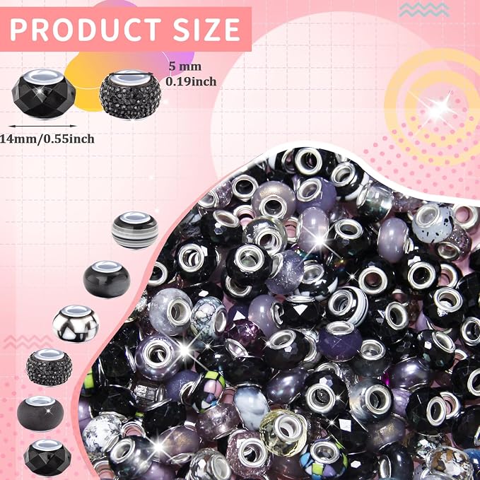 150Pcs Large Hole Beads Spacer Beads Black Assorted European Craft Big Beads - Image 2