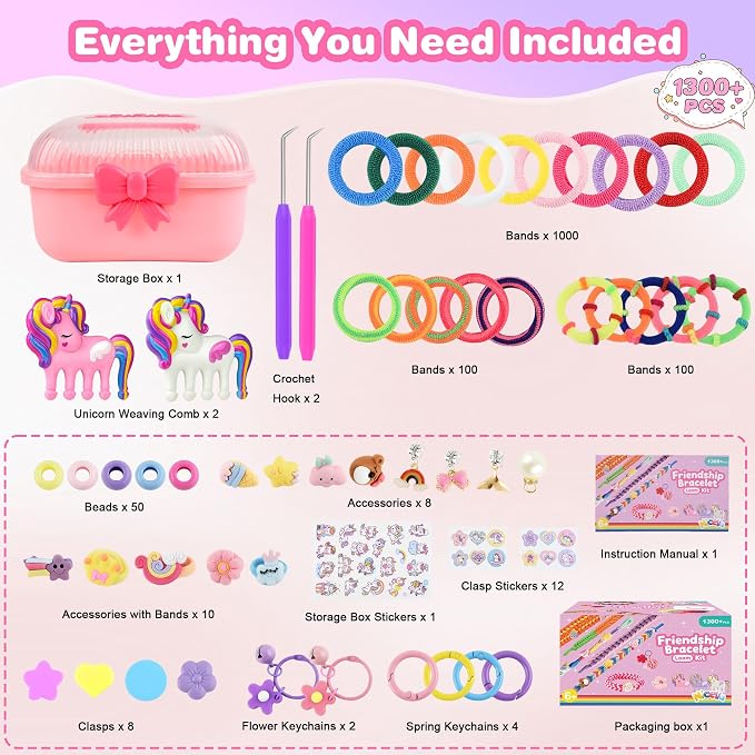 Rubber Band Bracelet Kit for Kids Girls Ages 6-12, 1300+ PCS DIY Craft Kits - Image 2