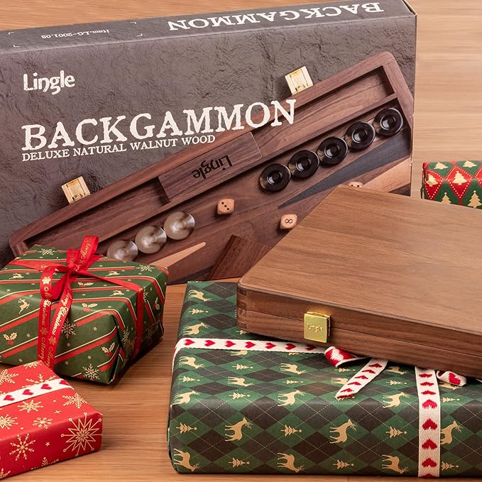 14.5” Premium Natural Walnut Folding Backgammon Sets for Adults and Kids, Including 30 Artificial Horn Checkers, 2 Walnut Dice Cups, and 5 Wooden Dice/Classic Two-Player Strategy Board
