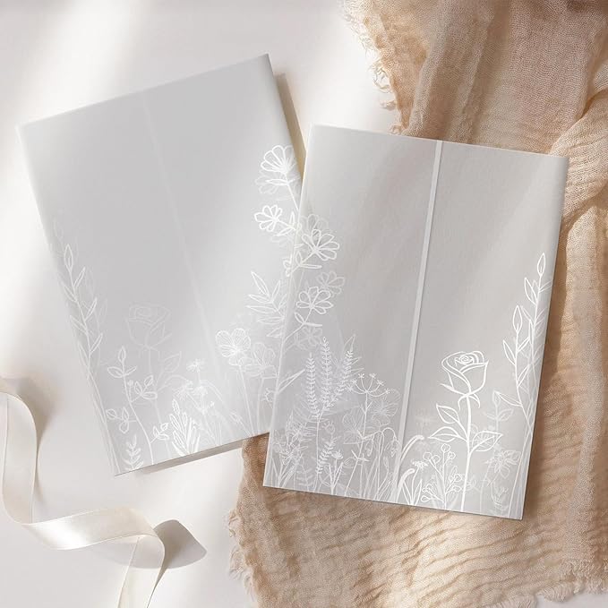 HAUTOCO 200 Pack Vellum Jackets for 5x7 Invitations, Pre-Folded Translucent 135GSM Vellum Paper Wraps, White Flower Envelope Liners Wedding Invitations Accessories