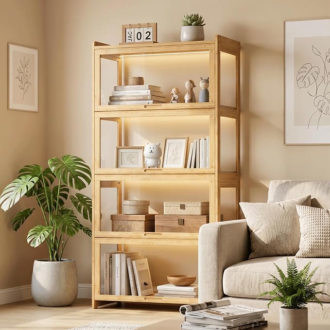 Magshion Display Cabinet with Flip-Up Doors, Natural | Full 4-Side Clear by Magshion