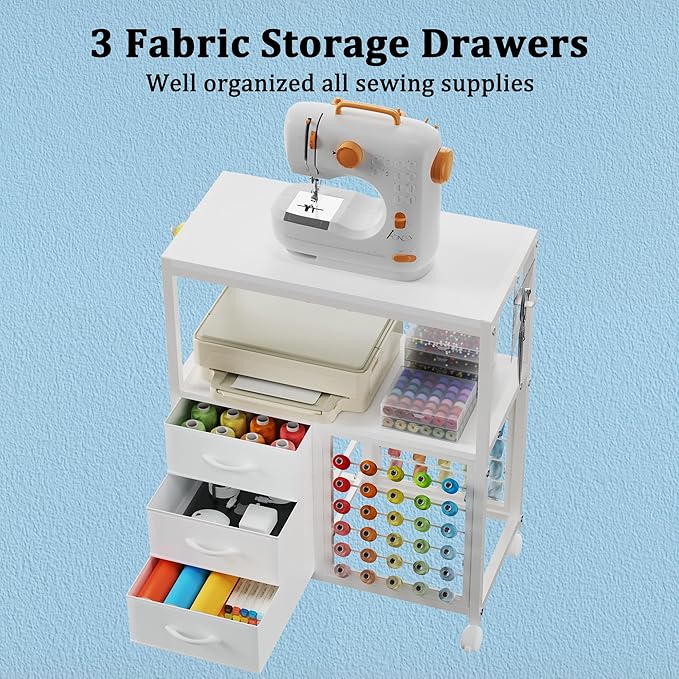 Sewing Table with 60 Spools Thread Holder and 3 Fabric Drawers, Rolling Sewing - Image 4