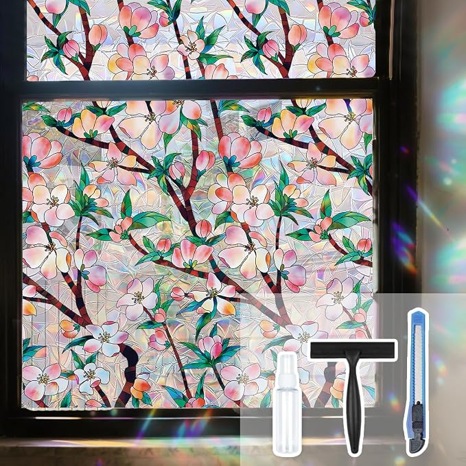 Peach Blossom Stained Glass Window Film Static Cling by Ohhvvow