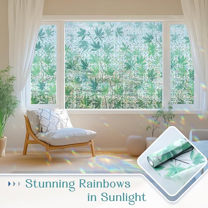 Haton Window Privacy Film, Decorative Stained Glass Window Clings, 3D UV Sun Blocking Sticker, Removable Static Cling Heat Control Tint for Home Door, Leaf Rainbow, 23.6" x 157.4" Non-Adhesive