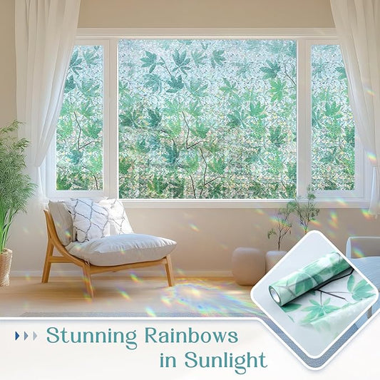 Haton Window Privacy Film, Decorative Stained Glass Window Clings, 3D UV Sun Blocking Sticker, Removable Static Cling Heat Control Tint for Home Door, Leaf Rainbow, 17.5" x 157.4" Non-Adhesive