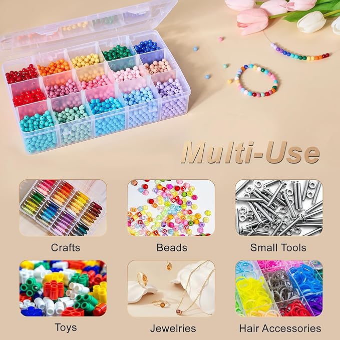 15 Grids Large Plastic Organizer Box with Adjustable Dividers, Clear Craft Organizer and Storage Tackle Box Compartment Container with Label Stickers for Beads, Jewelries, Tools