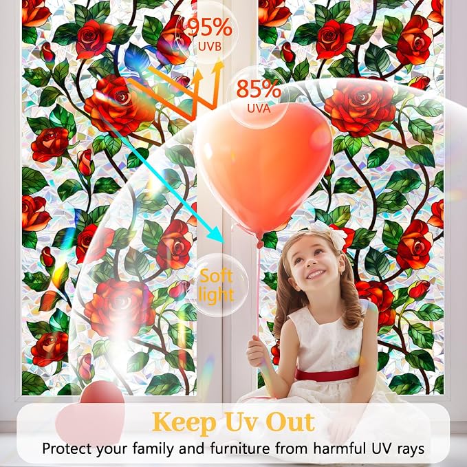 Bloss Rose Stained Glass Privacy Window Film, Decorative Floral Rainbow Window - Image 4