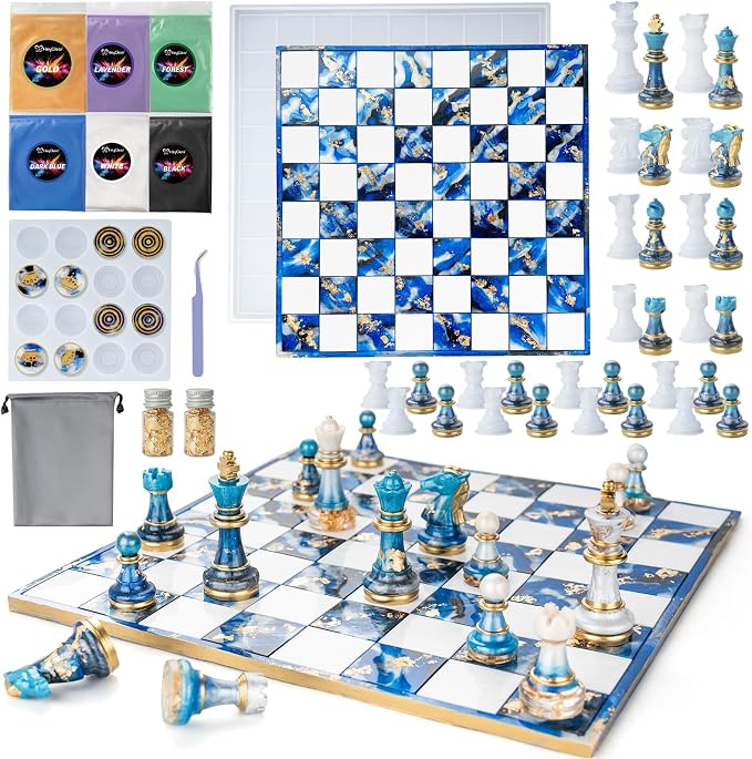 HeyClear Chess Set Resin Molds, Chess Board Silicone Molds & 16PCS 3D Full Size by HeyClearResin