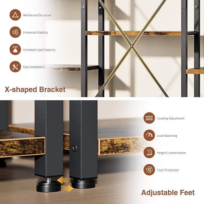 Shintenchi Triple Column 5 Tier Bookshelf, Industrial Large Bookcase Display - Image 7
