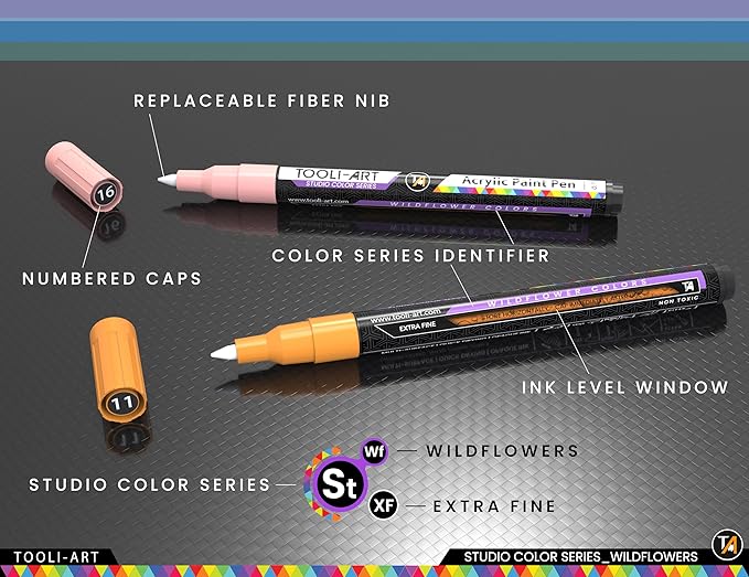 28 Wildflower Colors Acrylic Paint Pens Studio Color Series Markers Set 0.7mm Extra Fine Tip, Rock Painting, Glass, Mugs, Wood, Metal, Canvas, DIY, Detailing. Non Toxic, Waterbased, Quick Drying