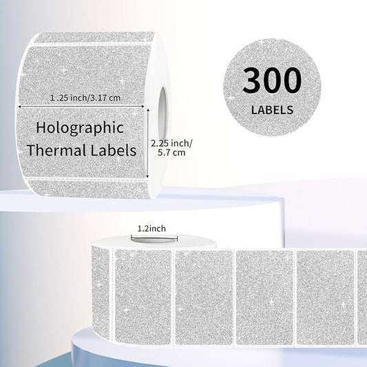 2.25"x1.25" Direct Thermal Labels, Holographic Thermal Printer Labels for Barcode, Self-Adhesive Address Shipping Thermal Label Stickers-1 Roll, 300 Labels, Holographic Shiny Silver
