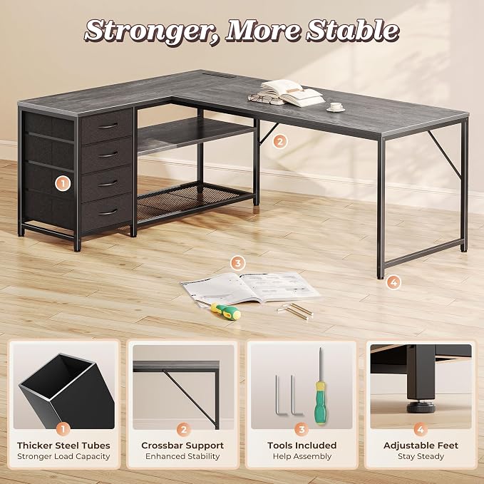 PRAISUN 61" L Shaped Desk with Power Outlets & USB-C Port, Reversible Computer - Image 8