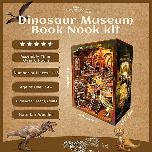 Book Nook Kit - DIY 3D Wooden Puzzle Miniature House with LED Lights - Creative Crafts for Adults - Bookshelf Insert Decor - Educational Gift for Family & Friends（Dinosaur Museum）