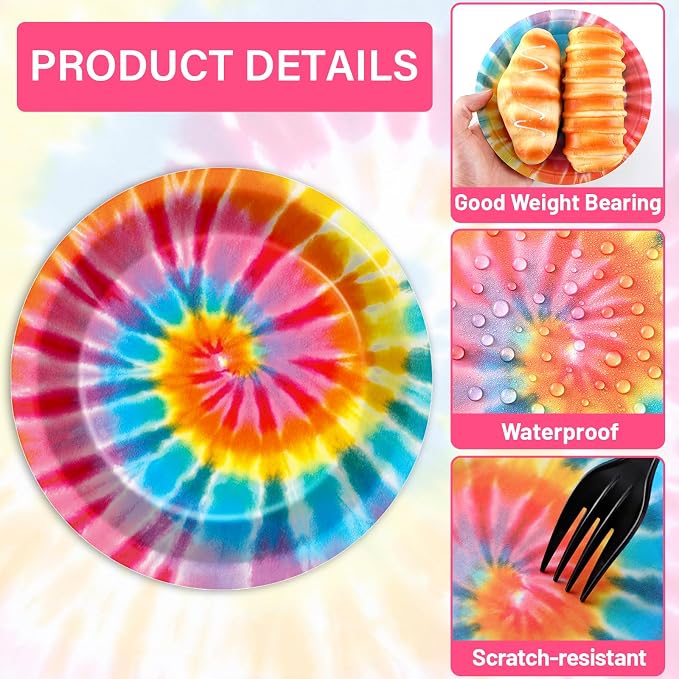 48Pcs Tie Dye Paper Plates and Napkins Rainbow Tie Party Decorations Dye - Image 3