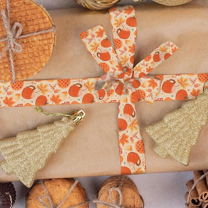 2 Rolls Fall Pumpkins Ribbons for Bows, Thanksgiving Wired Edge Ribbon Autumn Maple Leaf Burlap Ribbons for Gift Wrapping Fall Thanksgiving Decoration Supplies