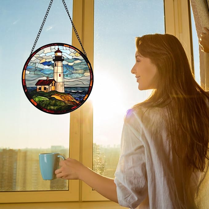 DASTOLL Stained Glass Window Hanging, Ocean Lighthouse Sun Catchers Glass Panel - Image 5