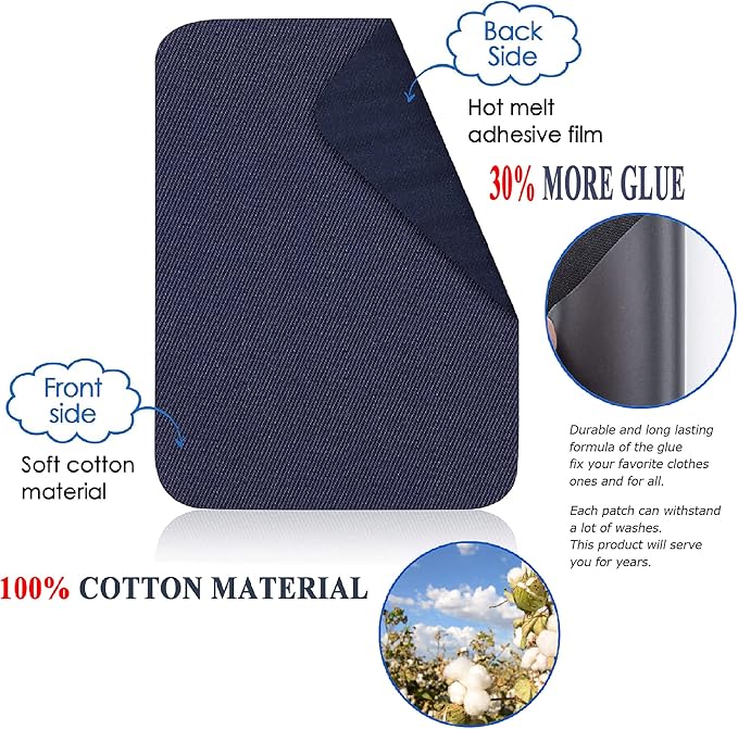 12PCS Fabric Iron on Patches Inside & Outside Strong Glue 100% Cotton Repair Patch for Clothes Pants Mending and Decorating, Grey