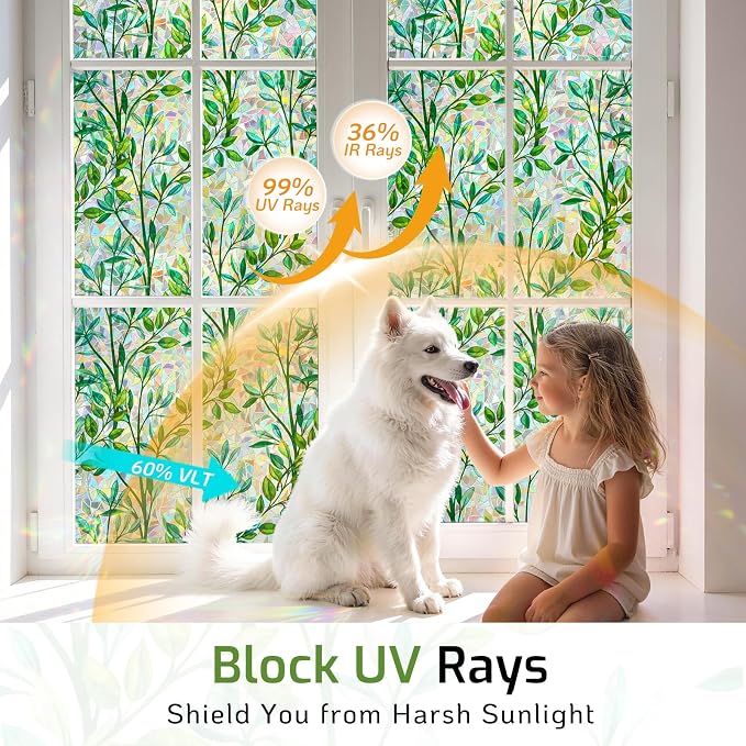 LUTE Stained Glass Window Privacy Film, Leaf Rainbow, 35.4" X 78.7" | No Glue - Image 5