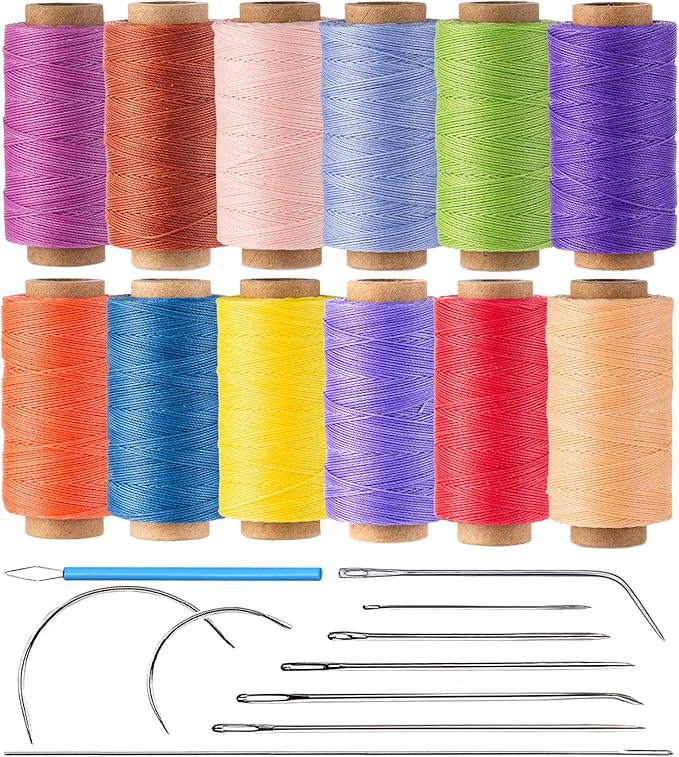 12 Multicolor Round Waxed Thread, 0.45mm Thin and Stiff Wax Strings, 110 Yards/Spool, Polyester Waxed Cord for Fine Leather Sewing, Binding, Crafting, Bracelets and Micro-Macrame Jewelry Making