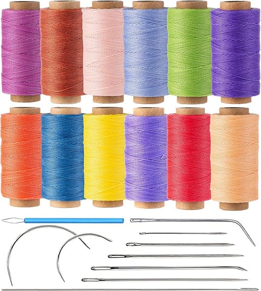 12 Multicolor Round Waxed Thread, 0.45mm Thin and Stiff Wax Strings, 110 Yards/Spool, Polyester Waxed Cord for Fine Leather Sewing, Binding, Crafting, Bracelets and Micro-Macrame Jewelry Making