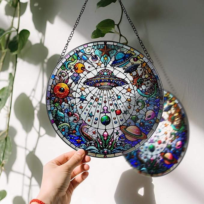 Stained Glass Window Hanging, LAOWEIKI 8'' UFO&Alien Suncatcher, Stained Glass - Image 3