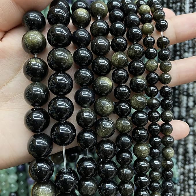 AAA Natural Gold Obsidian Gemstone Beads Energy Healing Power Stones Round Loose Beads for Jewelry Making, DIY Bracelet Necklace 12mm 32pcs