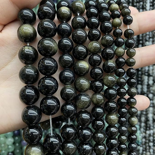 AAA Natural Gold Obsidian Gemstone Beads Energy Healing Power Stones Round Loose Beads for Jewelry Making, DIY Bracelet Necklace 8mm 46pcs