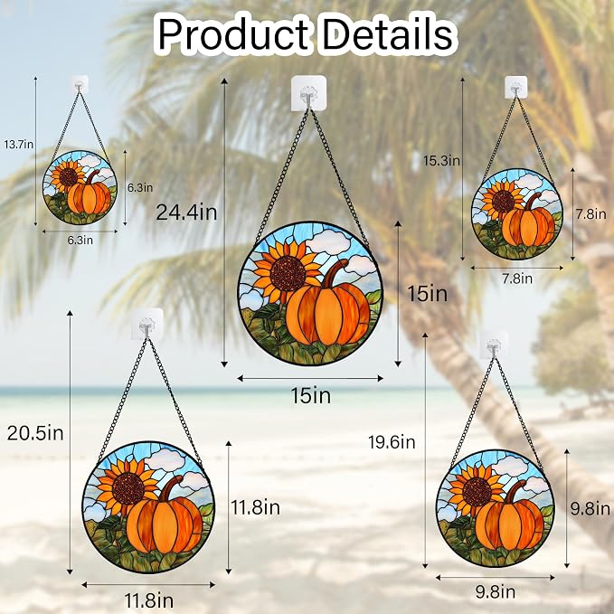 DASTOLL Stained Glass Window Hanging Fall Farm Scenery Sunflower Pumpkin 6.3" - Image 6