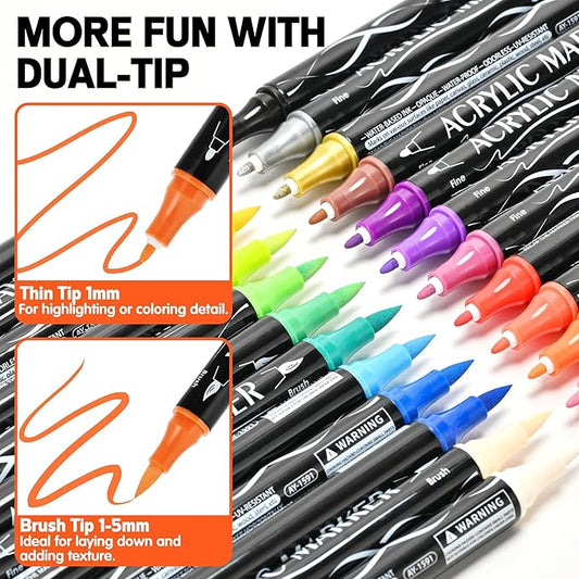 24 Colors Dual Tip Acrylic Paint Markers, Acrylic Paint Pens with Fine Tip and Brush Tip for Rock Painting, Wood, Plastic, Glass, Canvas, Fabric, Pumpkin, DIY Crafts Making Art Supplies