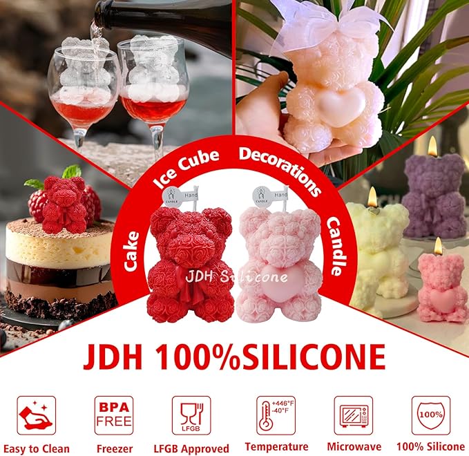 2PCS Rose Bear Silicone Mold,3D Teddy Bear Candle Making Molds,Silicone Epoxy Resin Mould,Ornament for DIY Wax Candle Art Craft Cake Chocolate Home Decor Valentine Gifts Birthday Gift（MINI）