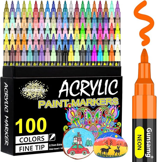 Gunsamg Fine Tip Acrylic Paint Markers – 100 Colors Acrylic Paint Pens for Rock, Glass, Wood, Stone, Ceramic, Fabric, Metal, Canvas – Permanent Waterproof No Bleed Paint Pens for Crafts & Art Supplies