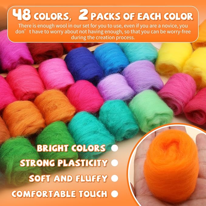Mayboos 96 Pcs Needle Felting Wool, 48 Colors Wool Roving Yarn, Fiber Wool - Image 3