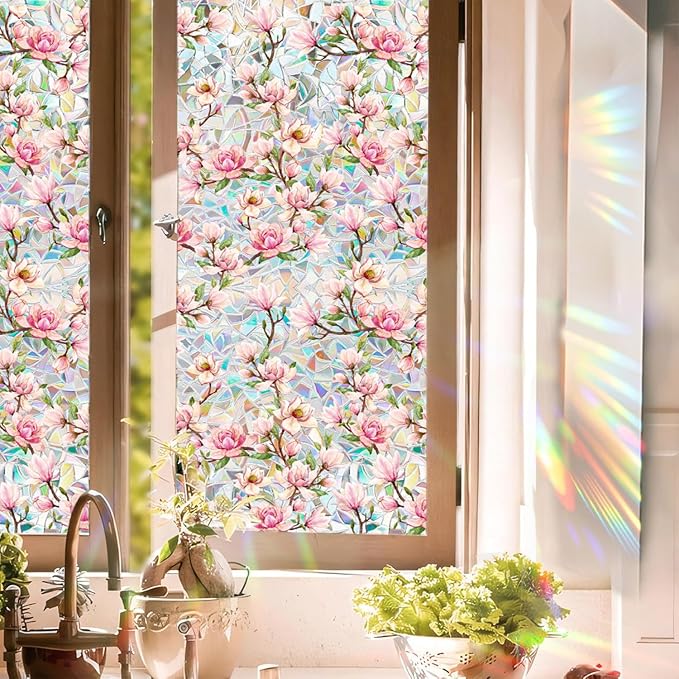 Floral Stained Glass Window Privacy Film, Retro Decorative Rainbow Window by UQRUI