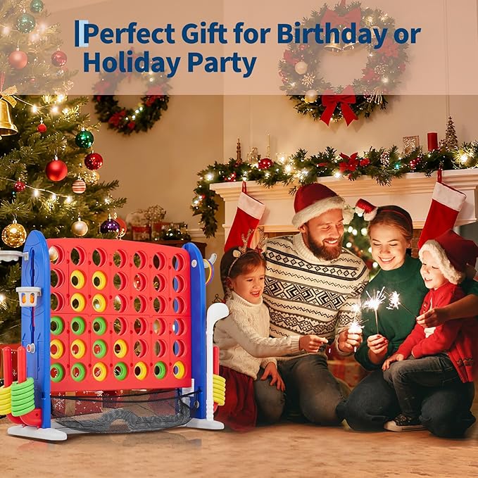 Giant 4 in a Row Game,Adjustable Height Board Jumbo 4-in-a-Row Game with Quick-Release Slider,Mini Basketball,Golf & Ring Toss Set for Family Party, Outdoor & Indoor