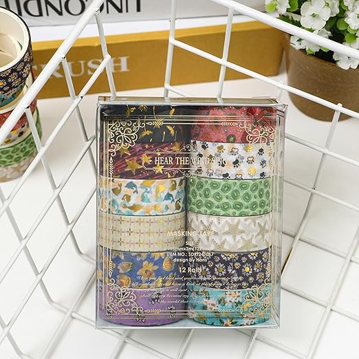 12 Rolls Charming Washi Tape Set Gold Silver Foil Detailing Arts Adhesive Tapes Basic Patterns Decorative Masking Tape Sets for Craft, Kids, Scrapbook, DIY, Gift Wrapping (Mystical Forest)