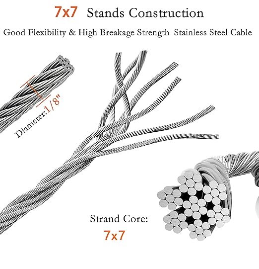 1/8 Inch Stainless Steel Wire Rope Kit, 7x7 Strands, 100 ft Length, With Cable Cutters, Sleeves, Thimbles, Clips, For Climbing Plants, Deck Railing, Fencing, Outdoor Hanging