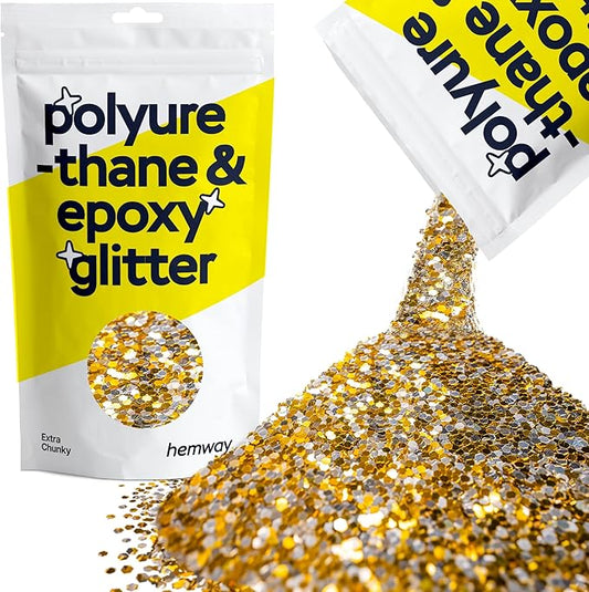 Hemway Polyurethane & Epoxy Resin Glitter 100g / 3.5oz Metallic Crystal Flake Additive for Flooring Jewelry Tumblers Glass Pigment - Extra Chunky (1/24" 0.040" 1mm) - Gold Silver
