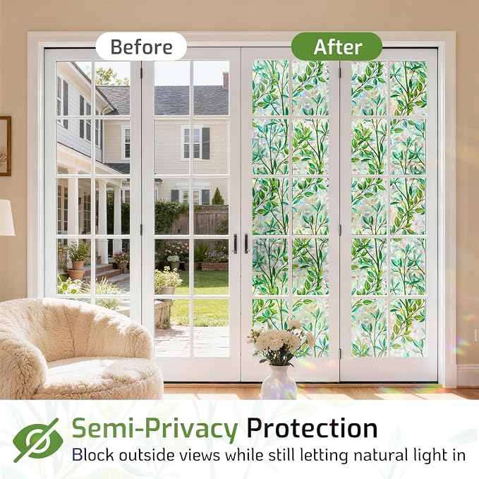 LUTE Stained Glass Window Privacy Film, Leaf Rainbow, 35.4" X 157.4" | No Glue - Image 4