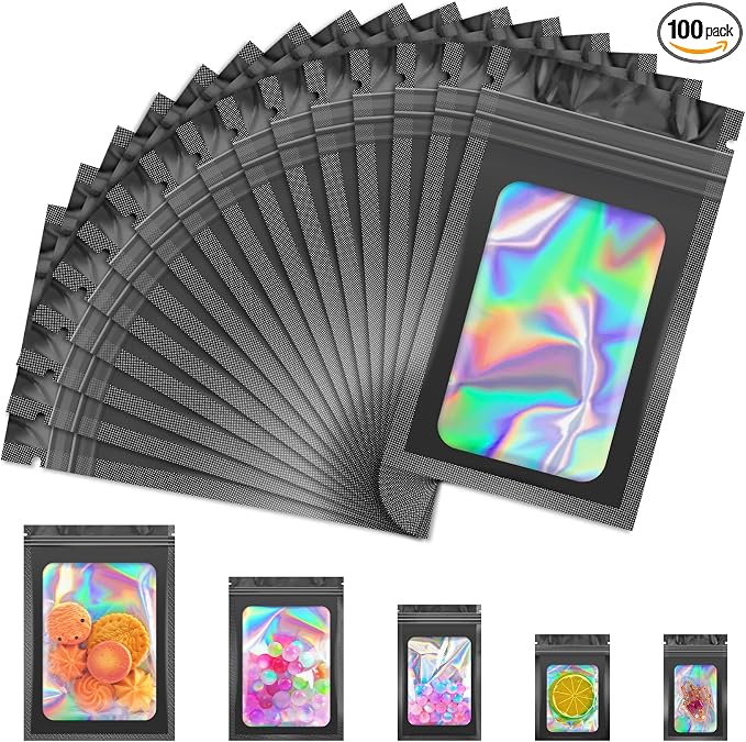 JETMORE 100 PCS Black Smell Proof Bag 2.4x3.9in, Mylar Bags, Holographic Bags by Jetmore